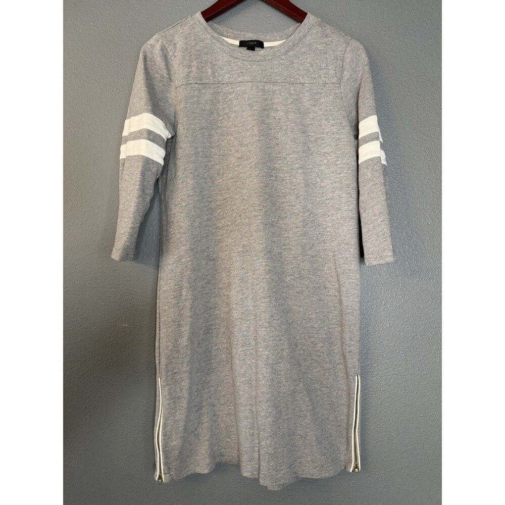 J Crew Gray Cotton Varsity Stripe Dress Small 3/4 Sleeve Side Zip Hem Dress